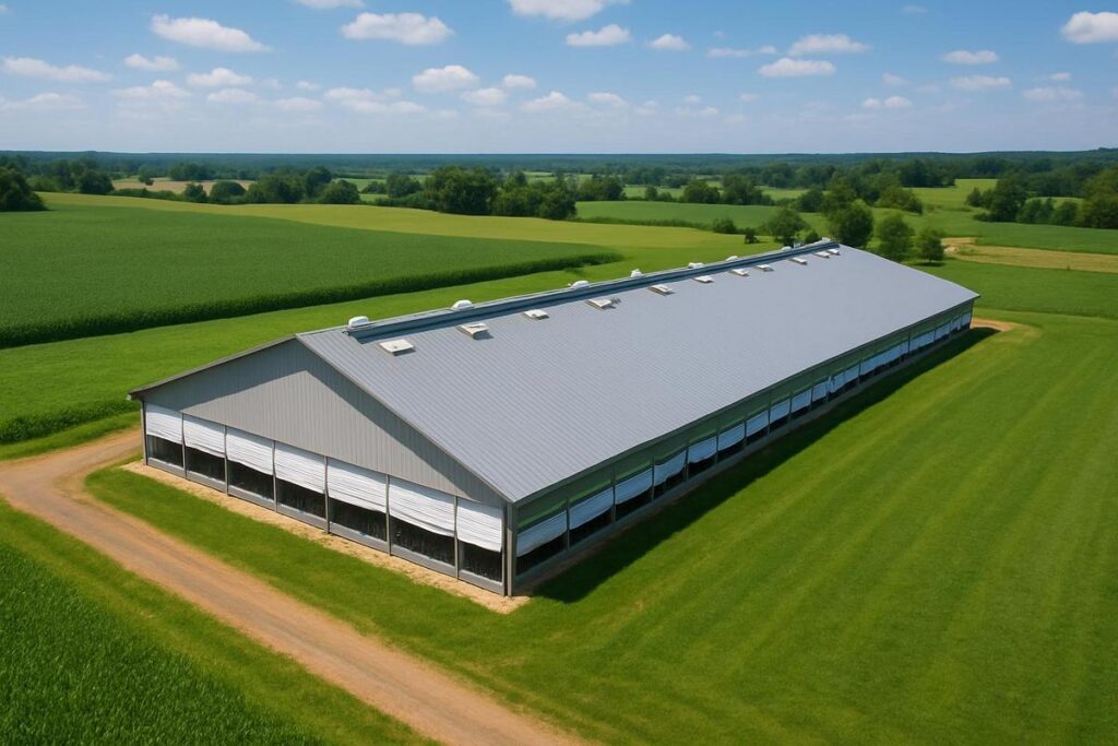 Open agricultural barn curtains providing barn ventilation summer cooling for livestock comfort