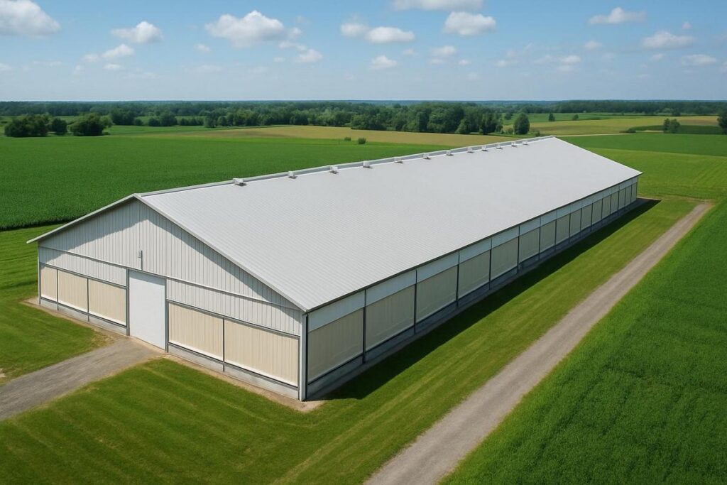 Custom barn curtains installed on large agricultural livestock facility with flexible layout