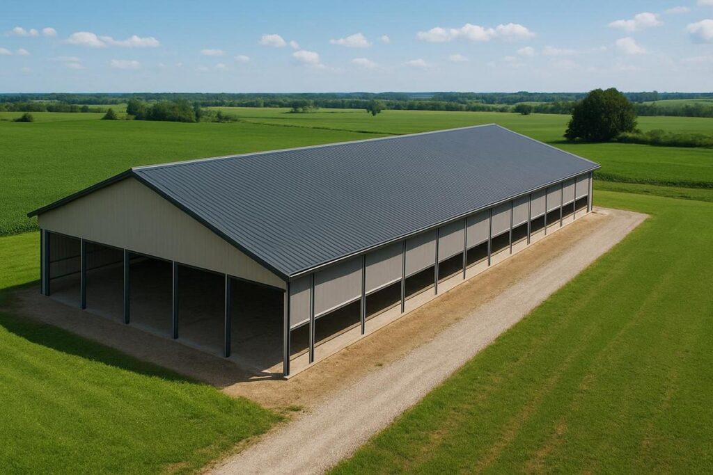 Modern livestock barn with barn ventilation curtain system installed on sidewalls