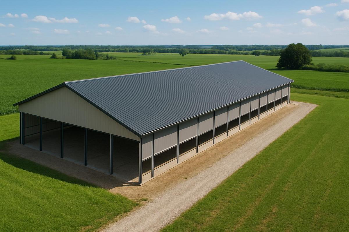 Modern livestock barn with barn ventilation curtain system installed on sidewalls