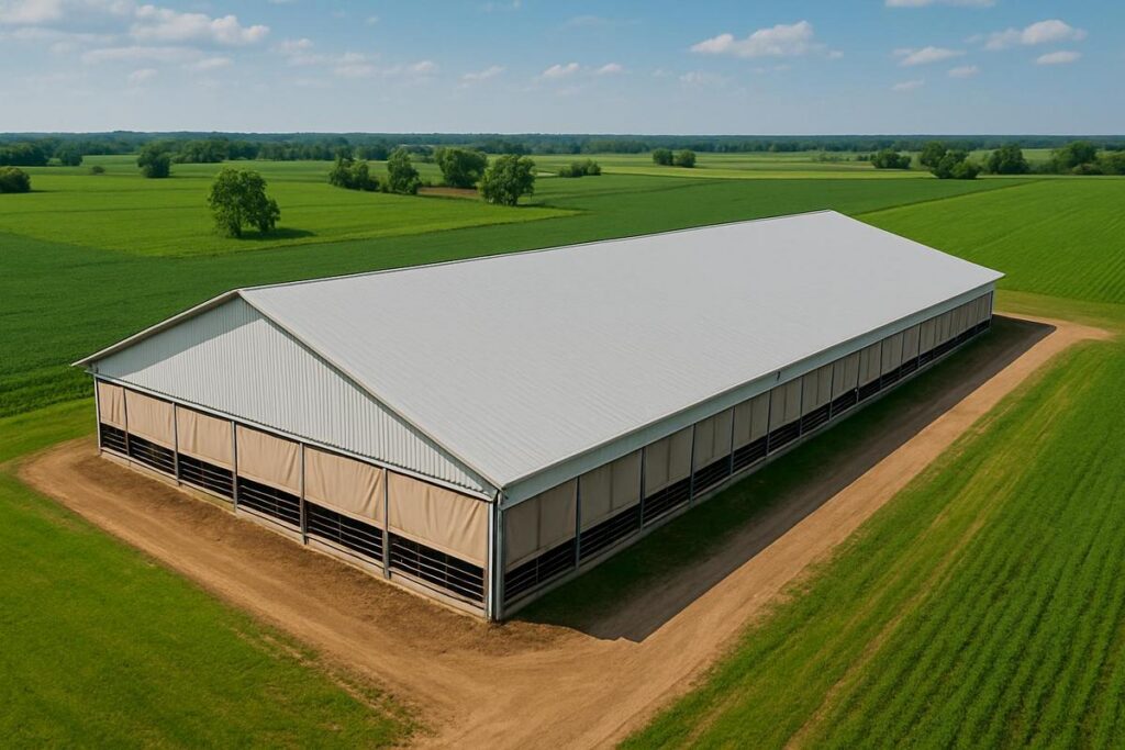 Livestock barn with agricultural curtains partially open during spring barn preparation transition period
