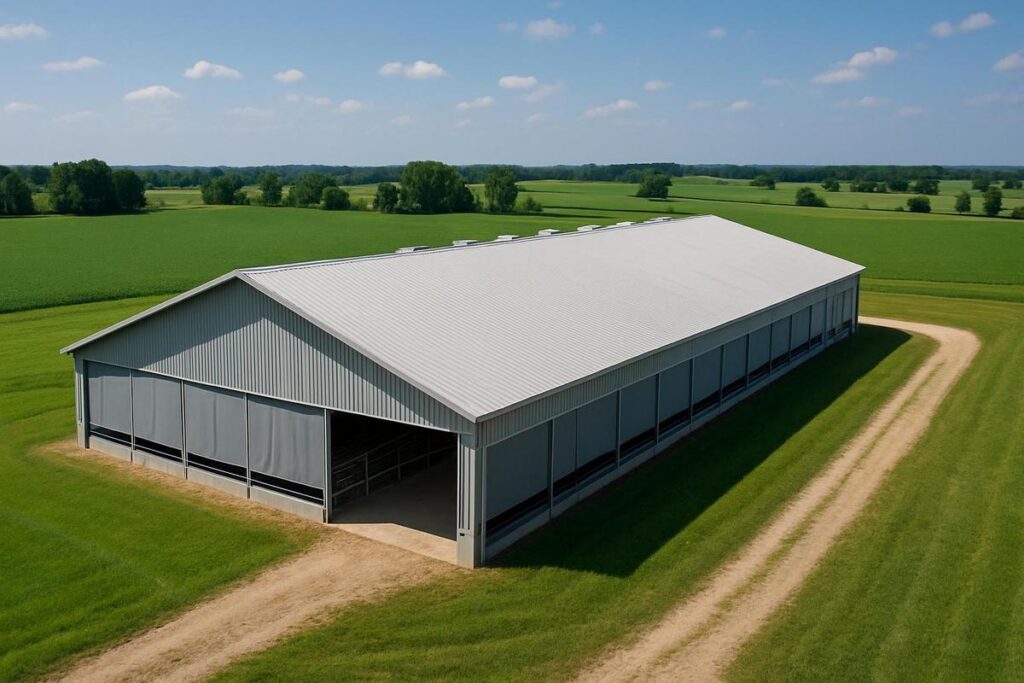 Modern barn curtain systems installed on agricultural building for livestock ventilation control