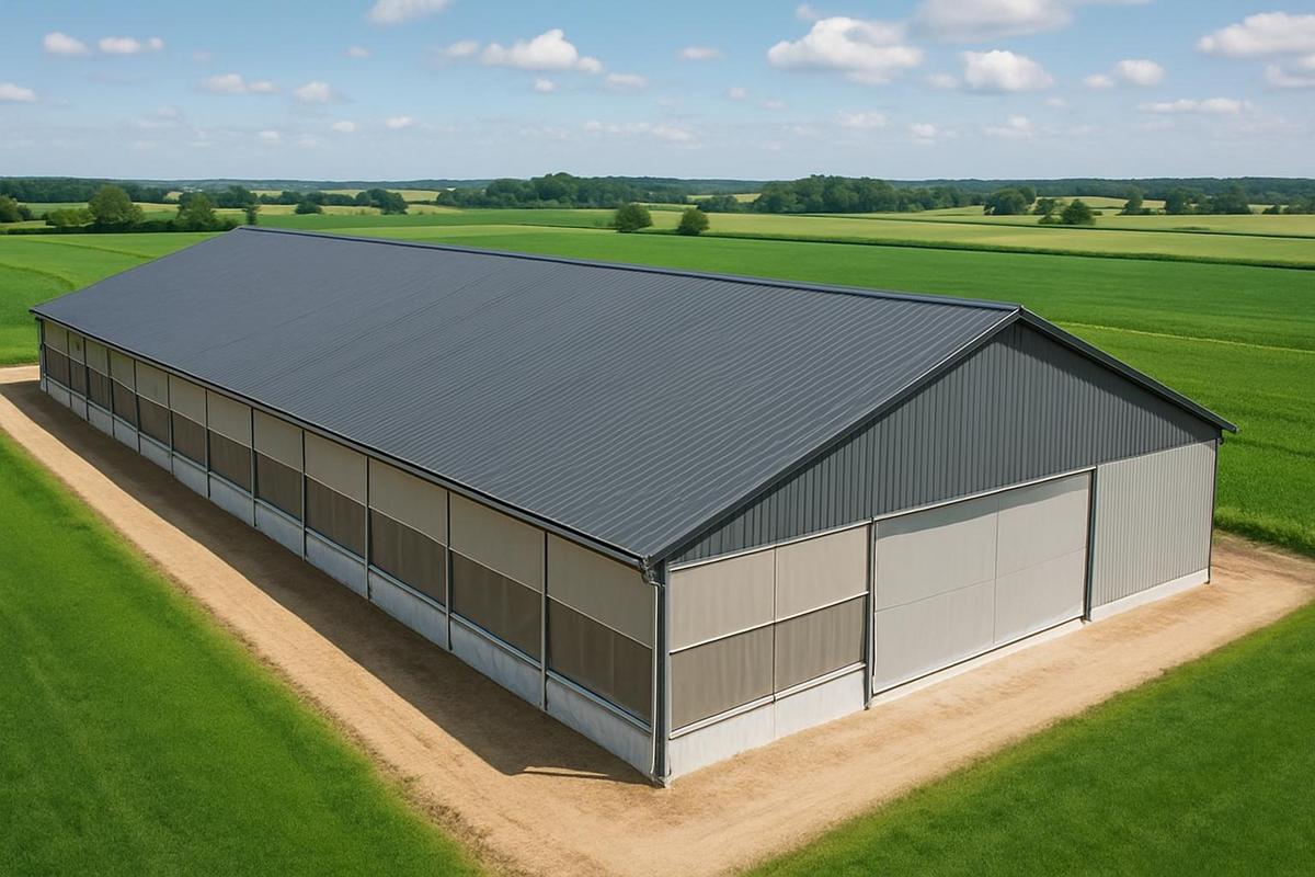 Durable agricultural curtains installed on livestock barn withstanding harsh winter weather conditions
