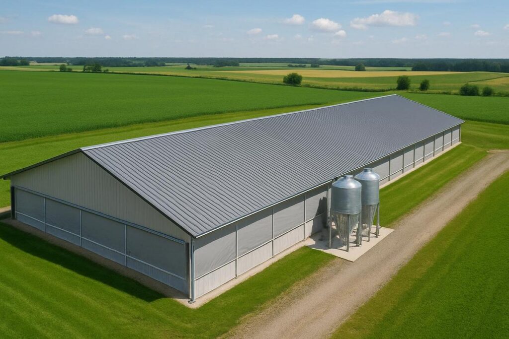 Agricultural curtains installed in commercial poultry house ventilation system improving airflow