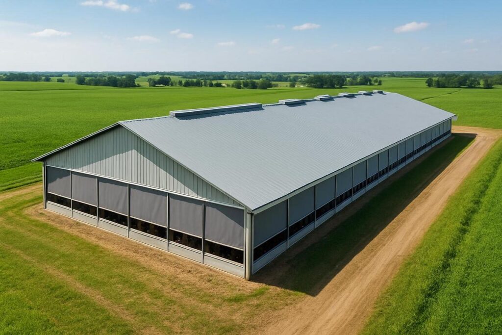 Barn showing sidewall curtains and ridge vents working together for livestock ventilation