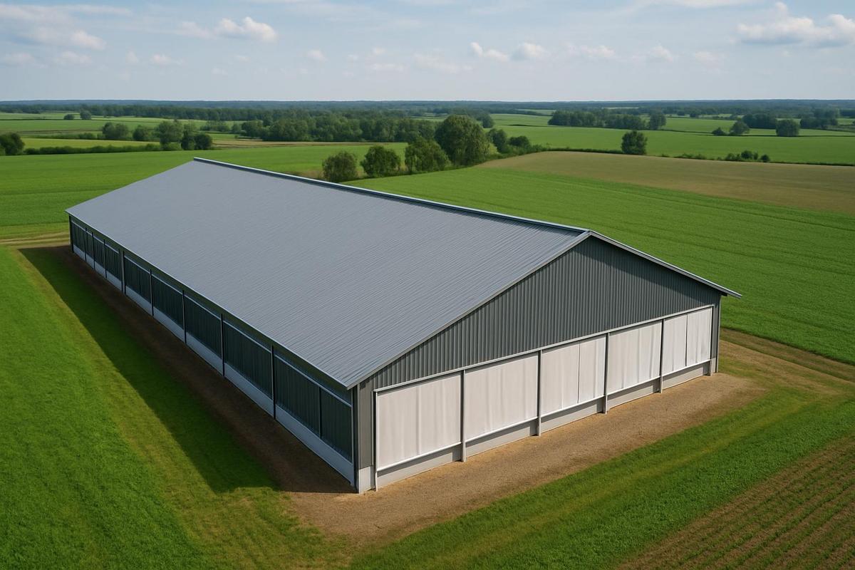 Modern barn showing ventilation disease prevention system with agricultural curtains for livestock health
