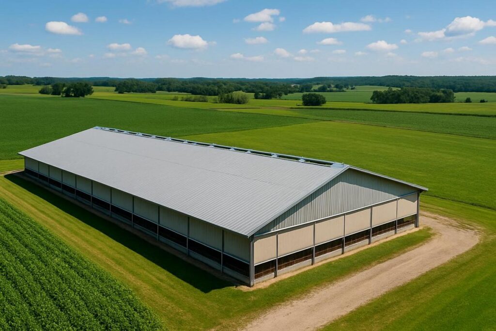 Modern barn curtain cooling system ventilating livestock facility during summer heat management