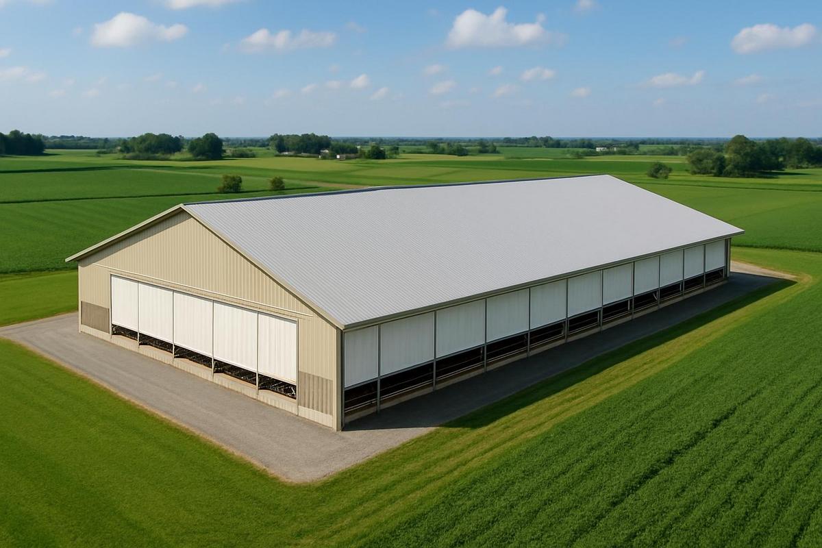 Custom barn curtains installed on large livestock facility with unique dimensions