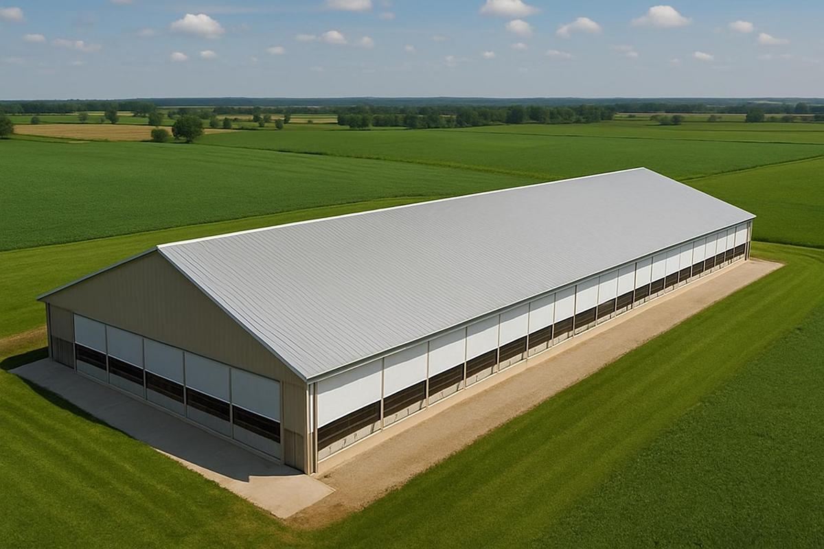 Livestock barn with adjustable curtains providing proper barn ventilation for healthy animals