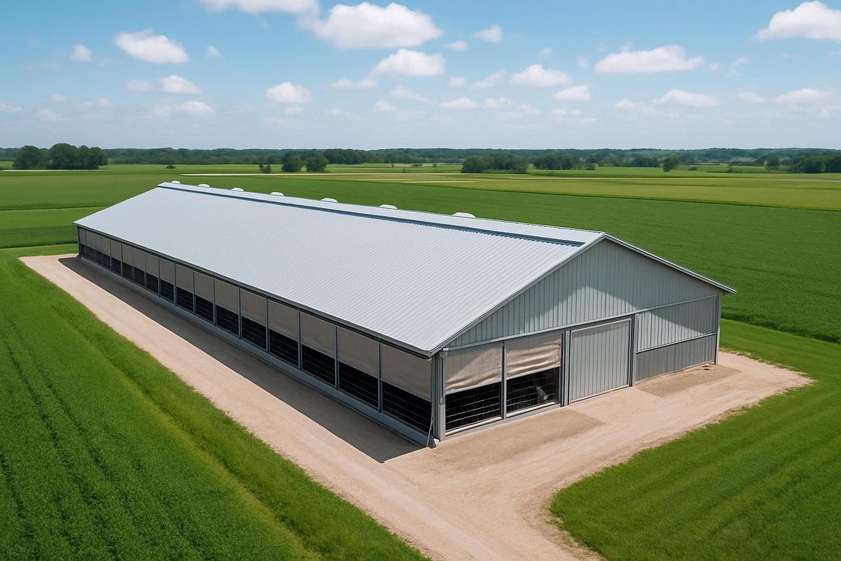 Agricultural barn with climate control curtains managing livestock environment conditions