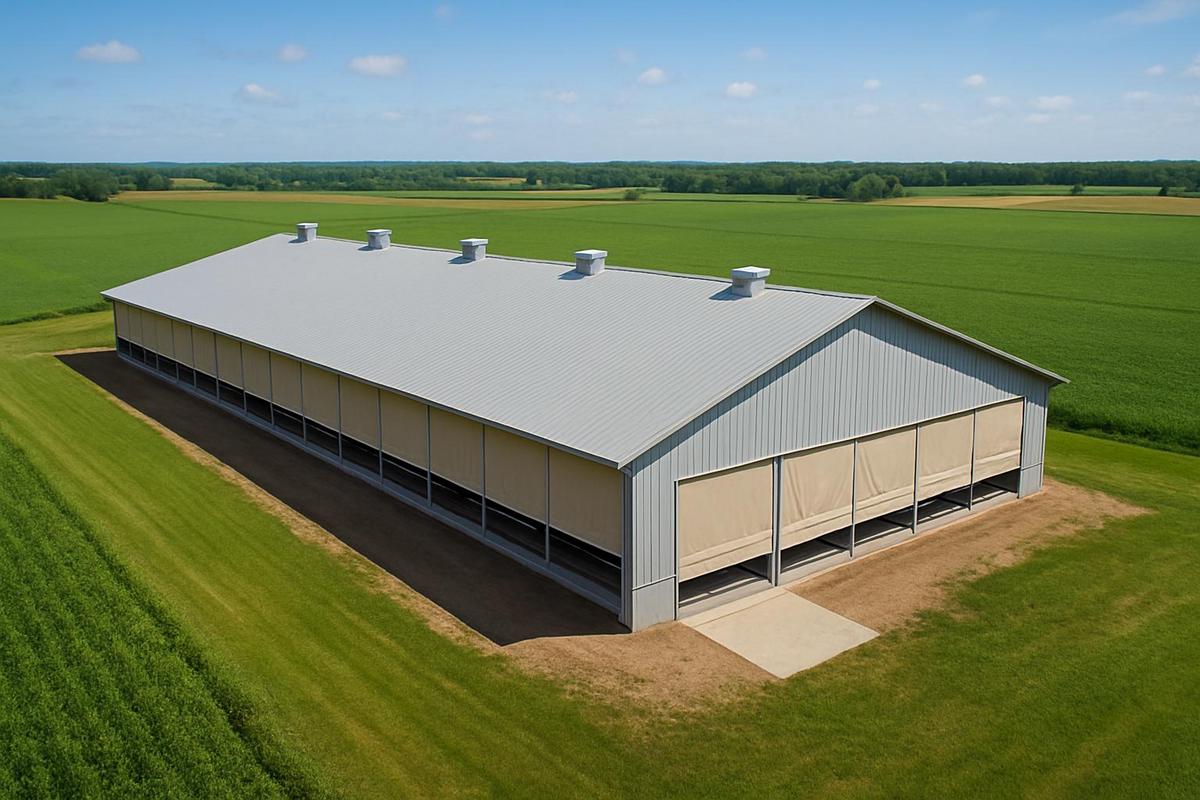 Farmer performing agricultural curtain maintenance on livestock barn ventilation system
